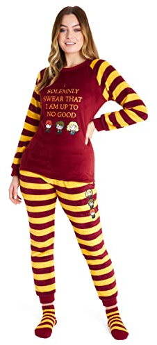 Harry Potter Pigiama Donna Invernale in Pile con Calze Morbide Grifondoro (Rosso/Giallo, M)