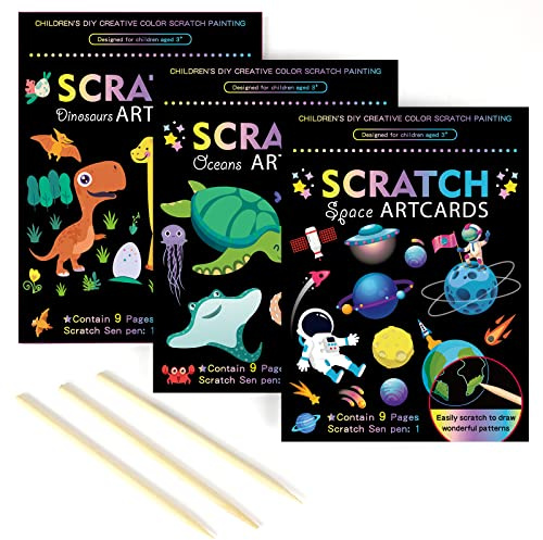 OPUHOHR 3 SET Magic Scratch Paper Art, Colorful Magic Drawing Art Book with 3 Scratch Pen for Birthday Halloween Christmas Party Games Projects Kits （Dinosaurs/Underwater World/Spaceman）