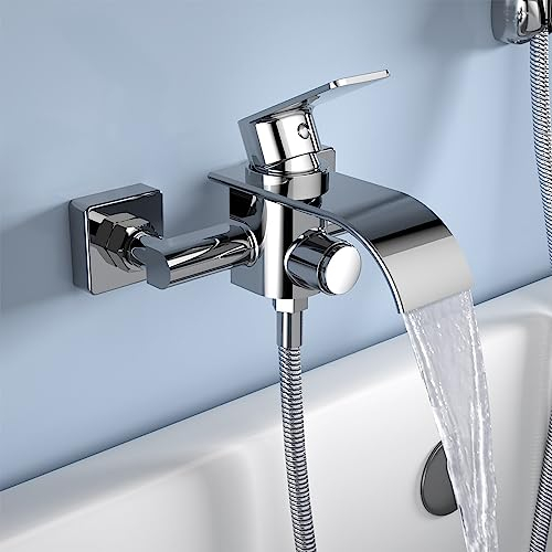 KULACO Rubinetto per vasca da bagno a cascata, rubinetto con interruttore a pressione, rubinetto per vasca da bagno con una sola mano, in ottone, rubinetto per bagno – cromato