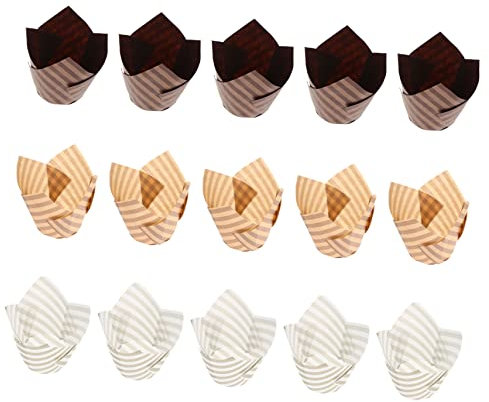 Cabilock Flower Shaped Cupcake Liners Muffin Wrappers, High Temperature Resistant Oil-Proof Baking Paper Cups, 150pcs Deep Coffee, Light Coffee White Striped, Suitable for Pastry and Cake Baking