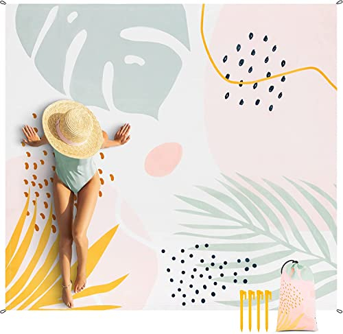 Stranddecke Sandfrei, 200 x 220cm Groß Wasserdicht Picknickdecke für 1-4 Personen, Leicht und Tragbar mit 4 Heringen und 4 Ecktaschen, Strandmatte für Wandern, Reisen, Camping - Blätter