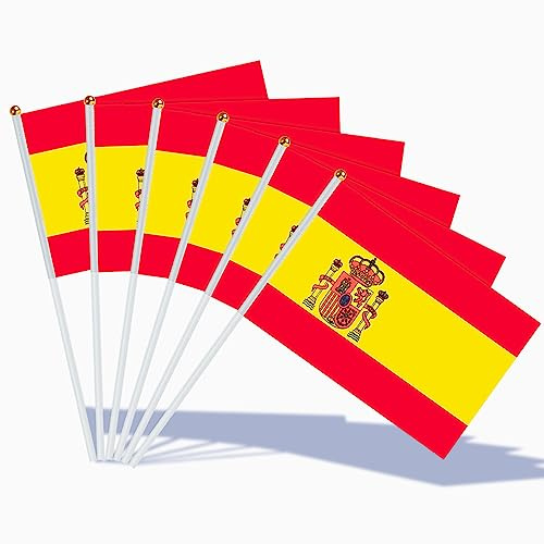AhfuLife Bandera de Mano España, 100 Piezas Bandera Española Pequeña con 30cm Palo para Decoraciones de la Copa Mundial, Copa Europea, Eventos Deportivos, Desfile, Día Nacional, Fiesta