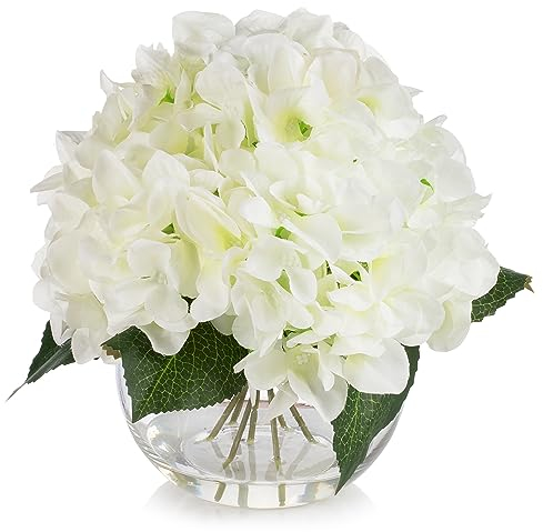 ENOVA FLORAL Silk Hortensie Künstliche Blumen in Kugelvase mit Kunstwasser, Seidenblumenarrangements in Vase für Wohnkultur, Hochzeitstisch (Creme)