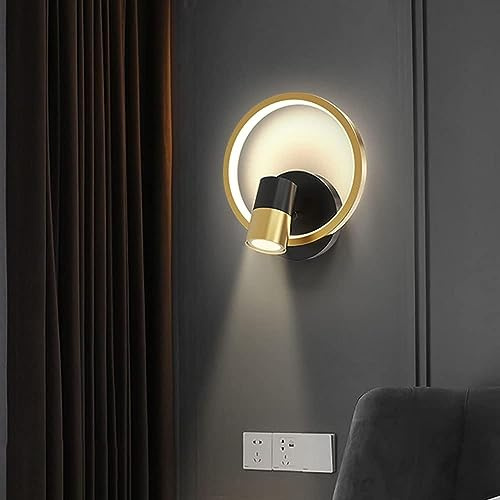 Phtlampes Wandbeleuchtung 360° drehbar LED Wandleuchte Gold Nachttisch Lesestrahler Modern Ring Runde Wandlampe 15W Up Down Aluminium Wandleuchte Verstellbar Schlafzimmer Wohnzimmer Flur Wandleuchten
