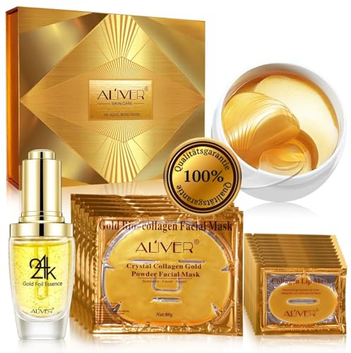 P-Beauty Coffret cadeau : ensemble de luxe en or bio | Collagène or 24 carats 5 x masque visage & 10 x masque à lèvres | Sérum à essence dorée & 60 x tampons pour les yeux | Soin complet & anti-âge