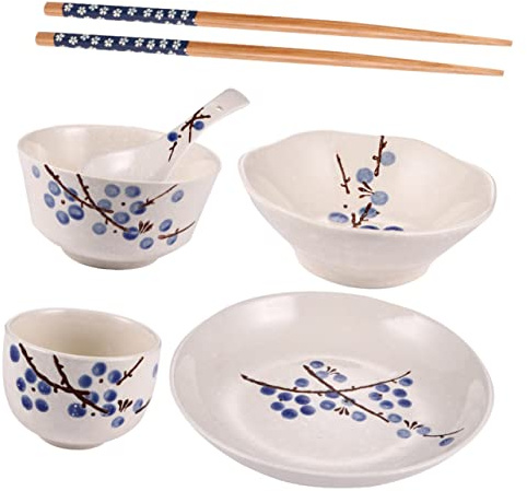 Luxshiny Japanese Dinnerware Set for Single Household Tableware 6-Piece Ceramic Tableware Set Including Bowl Plate Cup Dish Spoon Chopsticks Flower Print 7.28X7.28X1.37In