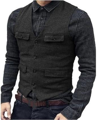 Kiioouu Chaleco de Traje de Lana Tweed de Espiga para Hombre Chaleco Vintage Steampunk Chaleco Casual Formal de Negocios para Hombres Boda, Negro, L
