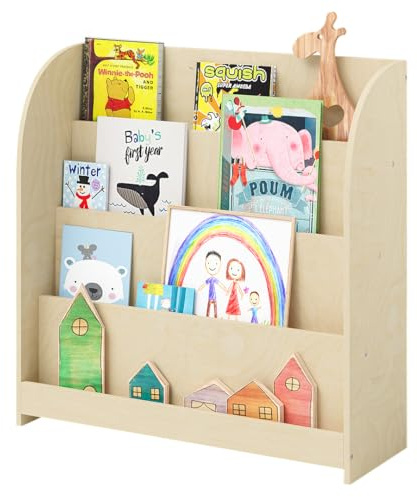 Bellabino Baru Montessori Bücherregal Kinder, 4 breite Fächer, Natur, Holz | Kinder Bücherregal, offenes Kinderregal, Kinderzimmer Möbel, 88x30x80 cm (HxTxB), Bücheraufbewahrung, Aufbewahrungsregal