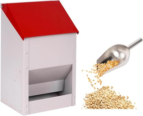 MasXirch Automatischer Hühner-Futterspender mit Metallschaufel, wetterfest, zum Aufhängen, automatischer Geflügel-Futterspender mit Deckel, kein Abfall, Wandhalterung, Outdoor-Hühnerstall