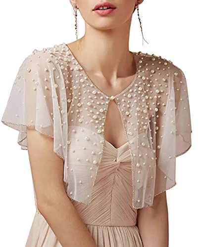 Mopmap Pearls Wedding Capes Shawl Wrap Shrug Bridal Evening Dress Jackets Flapper Bolero Cover Up for Party Formal (white)