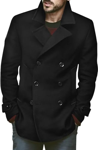 Runcati Uomo Cappotto Classico Doppiopetto Slim Fit Giacca Invernale Casuale Lunga Giacca Calda Business Trenchcoat, Nero , XL
