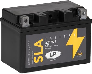 LANDPORT Batterie LTX12A-4 12V 10Ah SLA kompatibel mit Aprilia Tuono 1000 | AGM, wartungsfrei, Maße 150x88x105mm, 175 A CCA; kompatibel mit Kawasaki ER-6N, Kymco People 125, Yager GT, Suzuki SV 650