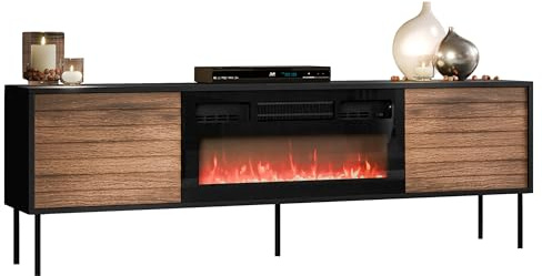 Mirjan24 TV-Lowboard Cuird 180 EF mit Elektrischem Kamin, Realistische LED-Flamme, Schrank für Fernseher bis zu 80 Zoll, Griffloses Öffnungssystem, Fernsehschrank (Schwarz/Nuss Warmia)