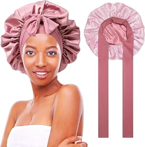 Wffeila Satin Bonnet Nacht Schlafmütze,Große Doppelseitig Seidenhaube zum Schlafen,Schlafhaube Seide für Die Nacht,Seidenhaube zum Schlafen mit Gummizug für Damen (Rosa)