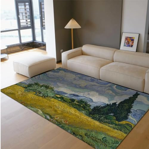Via Vela Landschaftsteppich 180x300cm - Zypressen im Weizenfeld Maschinenwaschbar Weicher Rutschfester Faltbarer dünner Teppich mit niedrigem Flor für das Schlafzimmer