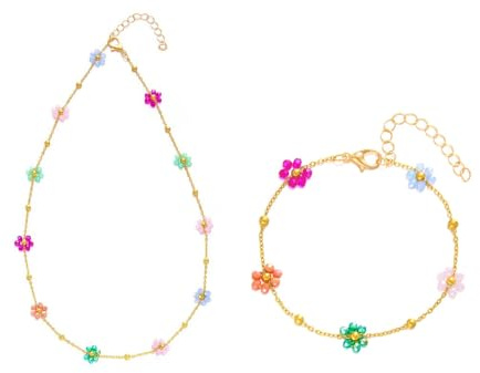 FDEETY 2 Stück Damen Schmuck Set Vintage Bunte Blume Perlen Halskette mit Girly Blume Armband Frisch und Süß Stil（Buntes）