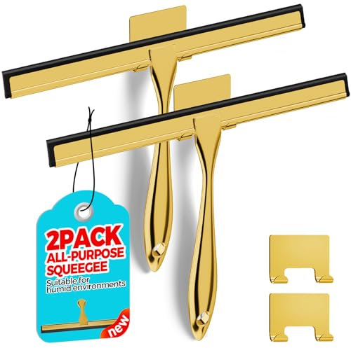 ALFLOD 2PACK 12-Inch Golden All-Purpose Shower Squeegee for Shower Doors, Tile Shower Walls, Bathroom, Window, Glass and Car Windshield, Mirrors and Kitchen-Stainless Steel
