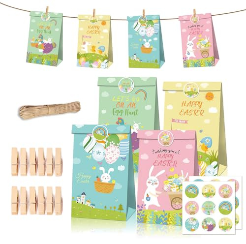 12 Stück Ostern Geschenke Kinder, Osternester zum Befüllen, Ostertüten zum Befüllen, Osterhasen Treat Taschen, DIY Ostern Papiertüten mit 2 Blätter Osteraufkleber, Osterstickern Holzclips Lanyards