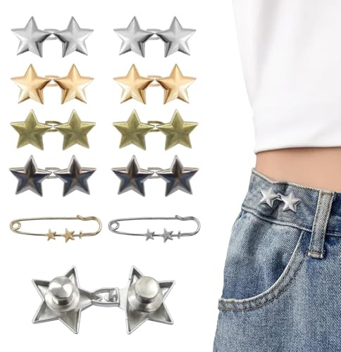 Auiremrti 10er Set Hosenbundstraffer,Sternknöpfe Pins für Weite Jeans,Wiederverwendbarer Taillenmieder-Clip,Metallsternbrosche für Kleidung,Kleider,Röcke,Kein Nähen
