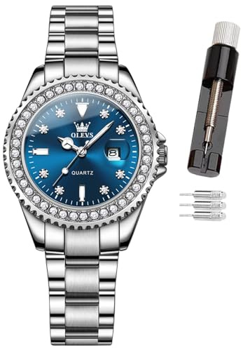 OLEVS Damklocka, liten handled roséguld diamant urtavla damer kvartsur, mode nattlysande vattentät analog klocka för kvinnor, romantisk present till flickvän, 9945- Blå yta, Klassisk