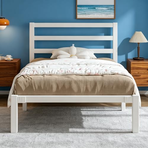 Metallbett 90x200 mit Kopfteil, 26cm hohem Stauraum unter dem Bett, Weiß | Einzelbett aus Metall für Jugendliche mit Lattenrost, geräuscharme, stabile Konstruktion und einfache Montage
