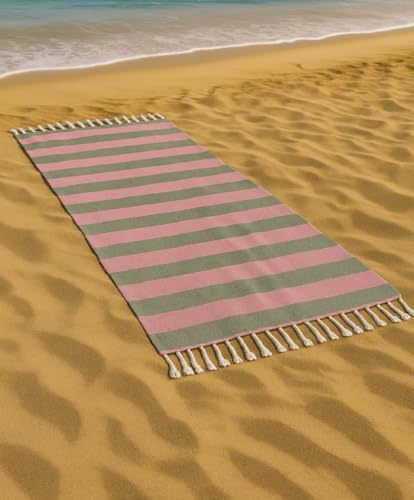 Vico Casa® Toalla de Playa VERSILIA Grande 90x200cm, Fouta de Playa de algodón con diseño de Rayas, por Playa, Piscina, Sauna/Coral y Verde