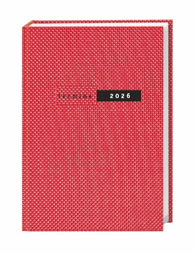 Terminer Struktur rot - Kalenderbuch A5 - Mit vertikalem Kalendarium - Kalender 2026 - Heye-Verlag - Taschenkalender mit viel Platz für Eintragungen - 15,2 cm x 21,5 cm