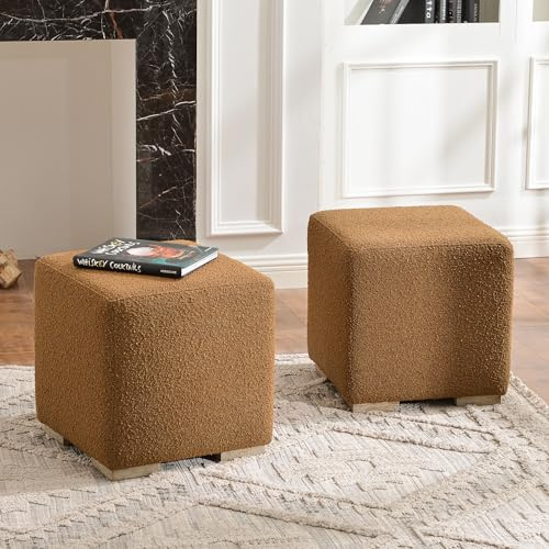 KINWELL 18.5 Wide Modern Square Boucle Upholstered Ottoman with Solid Wood Legs Set of 2, Cube Ottoman Multi-Functional Sofa Footrest, Extra Seating for Living Room, Bedroom, Fully Assembled (Brown)
