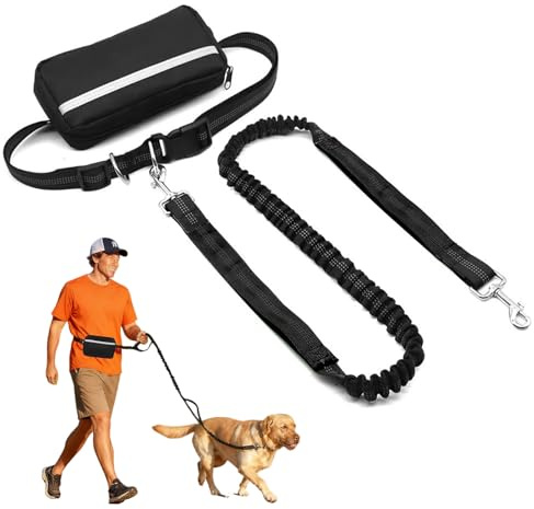Correa para correr para perros, manos libres con cinturón abdominal, correa ajustable para perros medianos y grandes de hasta 50 kg, puños elásticos y dobles para correr, caminar, senderismo
