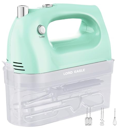 Lord Eagle 400W Hand Mixer Electric Whisk 5 Speed for Baking Cake | Handheld Mixer for Egg Cream Food Beater, Turbo Boost/Self-Control Speed + Eject Button + 5 Accessories, Green