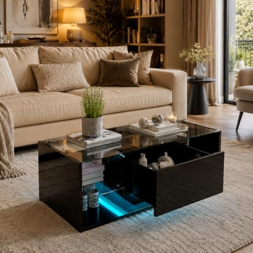 JiaOyu Couchtisch mit LED Beleuchtung, Hochglanz Wohnzimmertisch mit Schublade & Offene Fach, Beistelltisch Kaffeetisch Sofatisch für Wohnzimmer Büro,100x50x35CM (Schwarz+Glss)