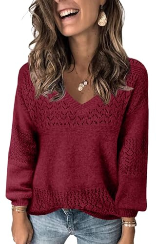 Fisoew Jersey de punto con cuello en V para mujer, manga larga, suéter acanalado, suéter ligero de ganchillo, suéter informal, borgoña, XL