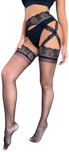 ohmydear Sexy Suspender Stockings Plus Size Lingerie Set for Women XS-5XL | 15D Sheer Garter Tights, High Waist Cross Lace Detail, Thigh High Stockings for Elegant Ladies