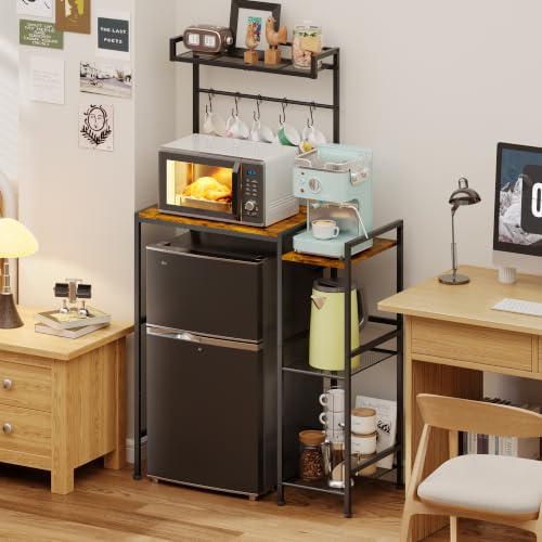 Over Mini Fridge Storage Shelf Fridge Stand for Dorm with 5 Lockable Hooks | Kitchen Bakers Rack, Coffee Bar, Microwave Oven Stand, Wine Cabinet, Refrigerator Stand for Apartment, Living Room, Office