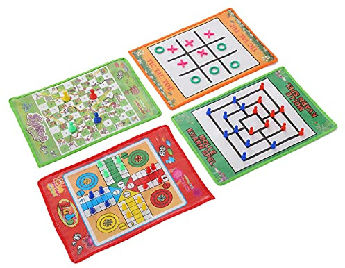 Snake and Ladder Chess Nine Men's Morris Ludo Board Game Set Portable Foldable 4 in 1 Family Travel Indoor Outdoor Kids Adults Non Woven Fabric 110g