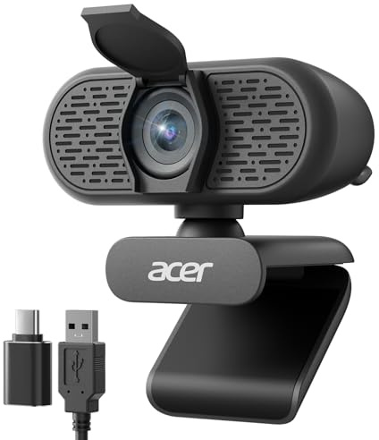 Acer 1080p Webcam USB Plug and Play Webcam for PC with Noise Cancellation Microphones Computer Camera for Desktop Streaming Gaming Online Meeting Wide Angle Privacy Cover A-to-C Adapter Easy Setup