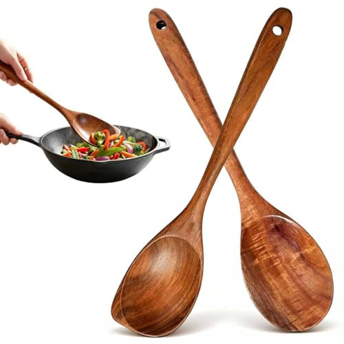 Cucchiai in legno per cucinare, 2 cucchiai angolari in legno di teak naturale e cucchiaio rotondo, set di cucchiai da cucina in legno di teak naturale resistente al calore, utensili da cucina