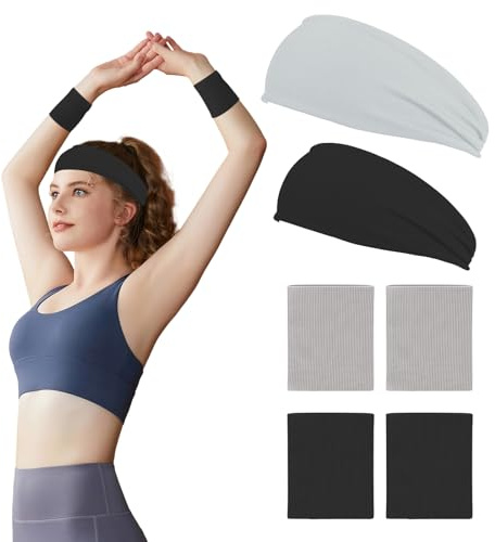 LUFFLOK 6 Piezas Cinta de Pelo Deportiva y Muñequeras Sudor para Gym, Yoga Running Accesorios Gimnasio Antideslizante, Headband Muñequera Absorbente para Hombres y Mujeres