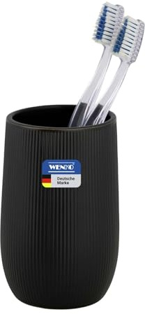 WENKO Zahnputzbecher Mod. Fablo aus Keramik mit Rillenoptik, freistehend, für Zahnbürsten, Zahnpasta, als Mundspülbecher oder Pinselhalter in Bad, Hobbyraum, Küche oder am Schminktisch, schwarz matt