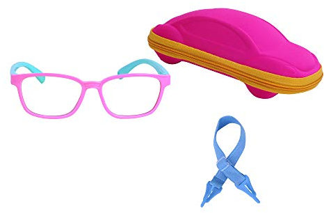 JoXiGo Kinder Brille Ohne Stärke Blaulichtfilter UV Blockieren TR90 Rahmen mit Einstellbare Brillenband + Brillenetui, Rosa Grün, S