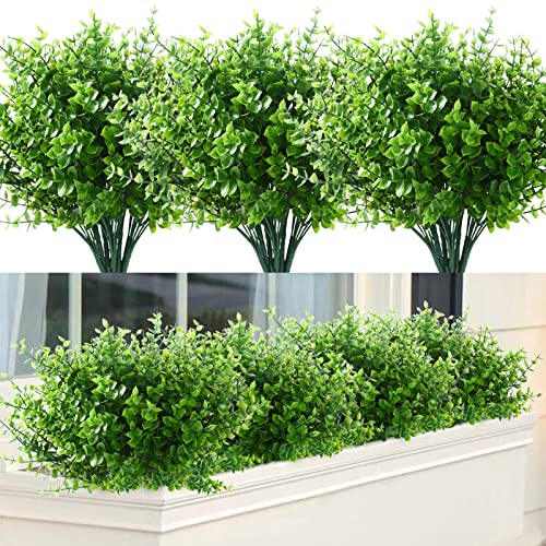 GREENRAIN 8 Bundles Artificial Grasses Outdoor Fake Grass for Decoration UV Resistant No Fade Faux Plastic Plants Garden Porch Window Box Décor (Green Grass)