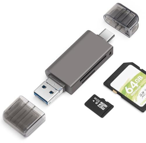 SD/Micro SD Kartenleser, BORLTER CLAMP Speicherkartenleser 3-in-1 Kartenlesegerät mit USB C Micro USB OTG Adapter Kompatibel mit PC, Laptop, MacBook, Smartphone (Dunkelgrau)