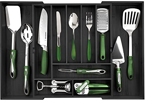 Pristine Bamboo Besteck-Organizer, erweiterbarer Küchenschublade-Organizer, verstellbarer Küchenschublade-Organizer für Utensilien, erweiterbar auf 63,5 cm Breite, 10 Fächer, Schwarz