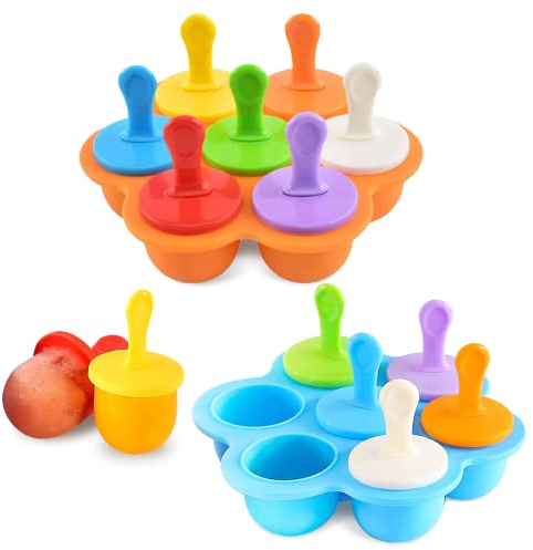 mizikuu Moule à Glace en Silicone, 2 Pièce Moules à Popsicle DIY Réutilisable 7 Moules à Glaçons avec 14 Tige en Plastique Colorés Mini Moule à Glace bébé pour Crèmes Glacées, Bleu et Orange