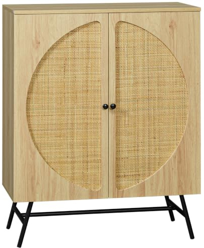 HOMCOM Meuble de Rangement Buffet Haut 2 Portes 80 x 39 x 101,8 cm Naturel | Buffet 2 Portes en Cannage, Aspect Bois