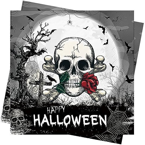 AFYHH Halloween Servietten Deko 40 Stück - Herbst Geburtstag Schwarz Servietten Mit Skelett - Tischdeko Accessories 33x33cm Papierservietten Happy Halloween