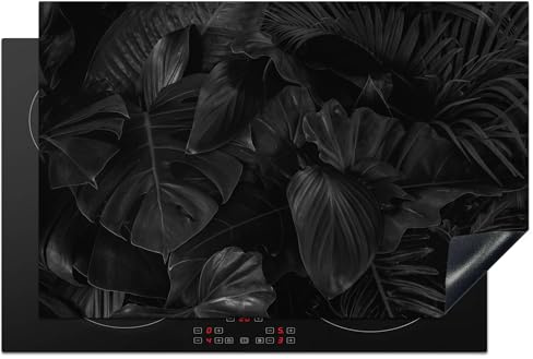KitchenYeah© Herdabdeckplatte Einteilig Ceranfeld Abdeckplatte | 80.2x52.2 cm - Induktionsschutz Ceranfeldabdeckung Vinyl Herdabdeckplatten Blätter - Schwarz - Pflanzen - Dunkel