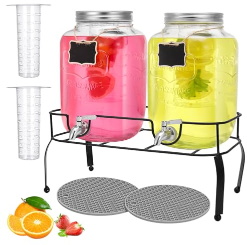 Guiqulai Party Glass Beverage Dispenser,Set of 2-Gallon Beverage Dispensers with Stand Faucet and Label,Ice Cube Injector for Beverages,Lemonade,Tea,Cold Brewed Coffee and Juice