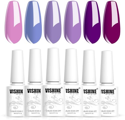 Vishine Kit di smalti gel per unghie, 6 colori, viola chiaro/scuro, smalto gel semi-permanente, lavanda e sereno, orchidea viola, set manicure fai da te, gel polish nail art, 8 ml
