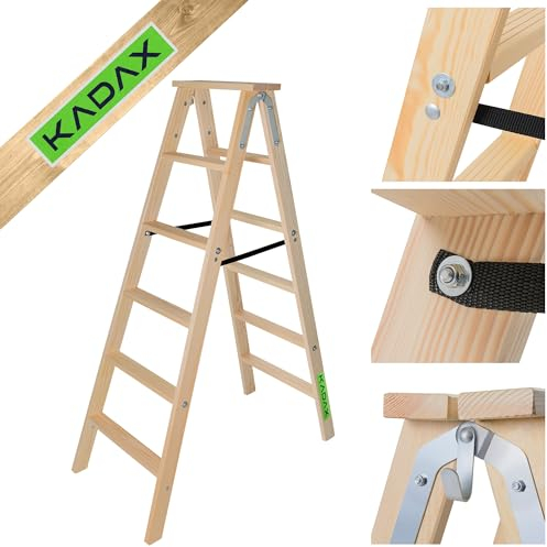 KADAX Scala in Legno da Pittore, a Terra, a Gradini, Pieghevole, a Doppio Gradino Con Ganci in Acciaio (6 Gradini)